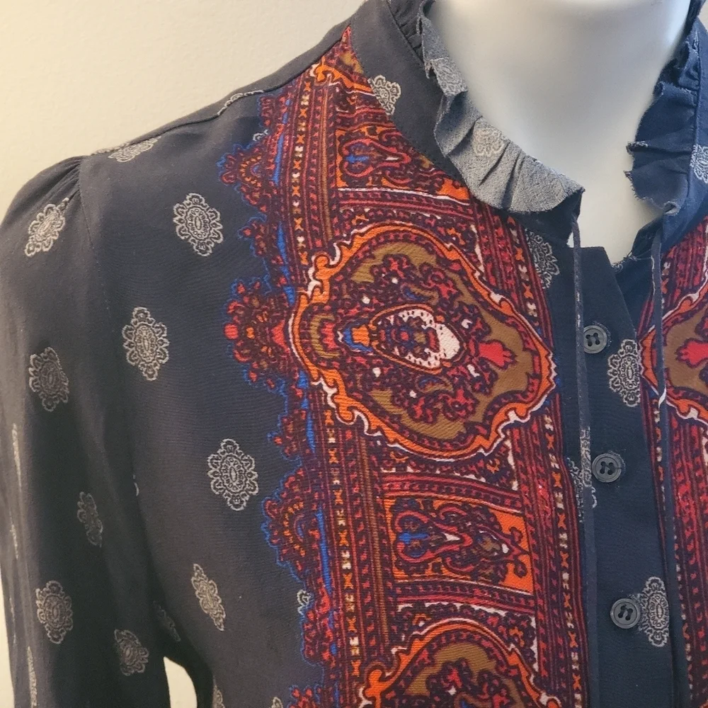 Free People Wishing Well Border Print Button Up Blouse Multicolor Size S